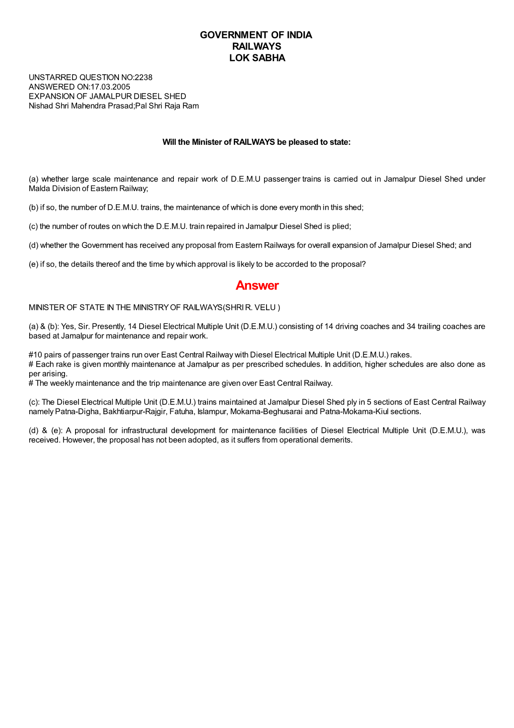 ANSWERED ON:17.03.2005 EXPANSION of JAMALPUR DIESEL SHED Nishad Shri Mahendra Prasad;Pal Shri Raja Ram