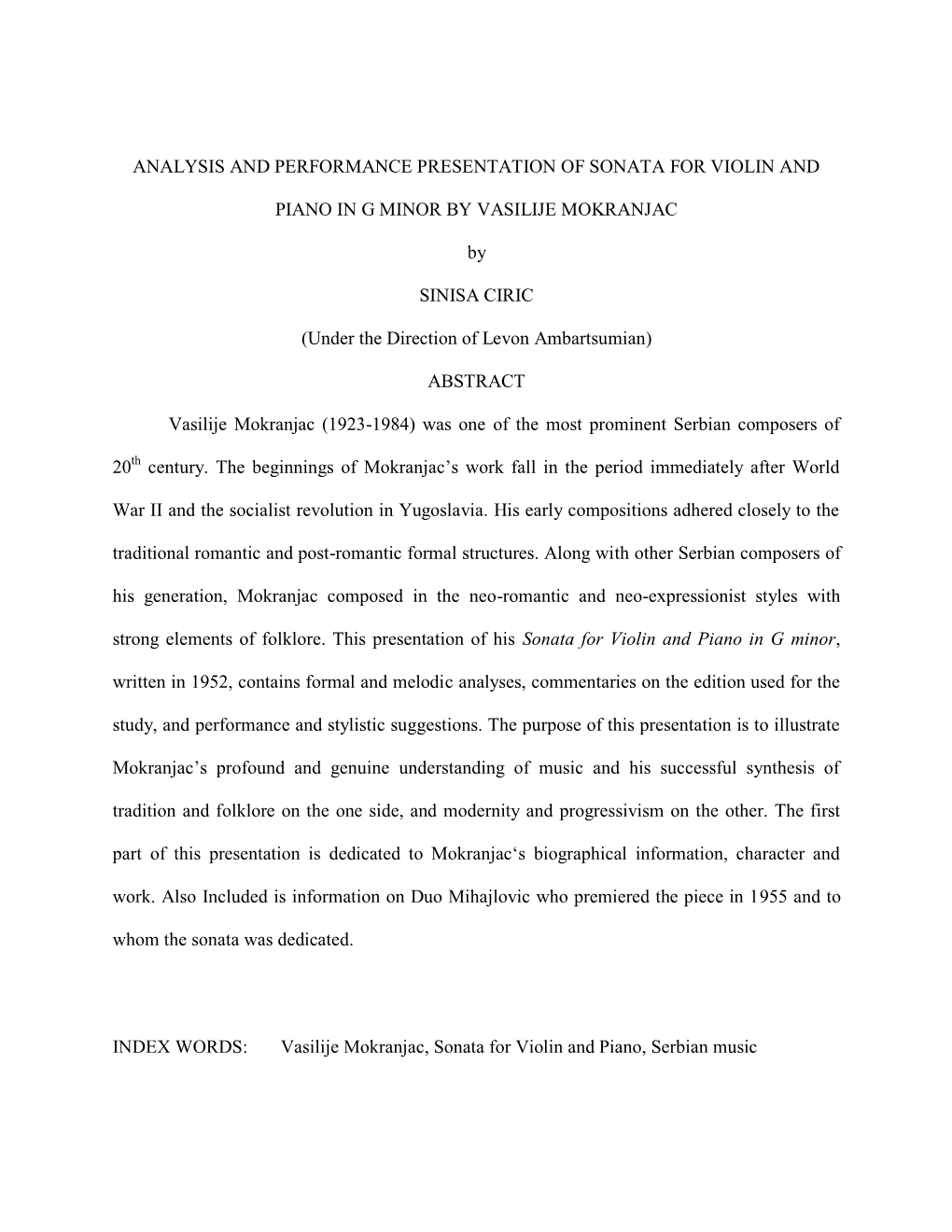 Analysis and Performance Presentation of Sonata for Violin And