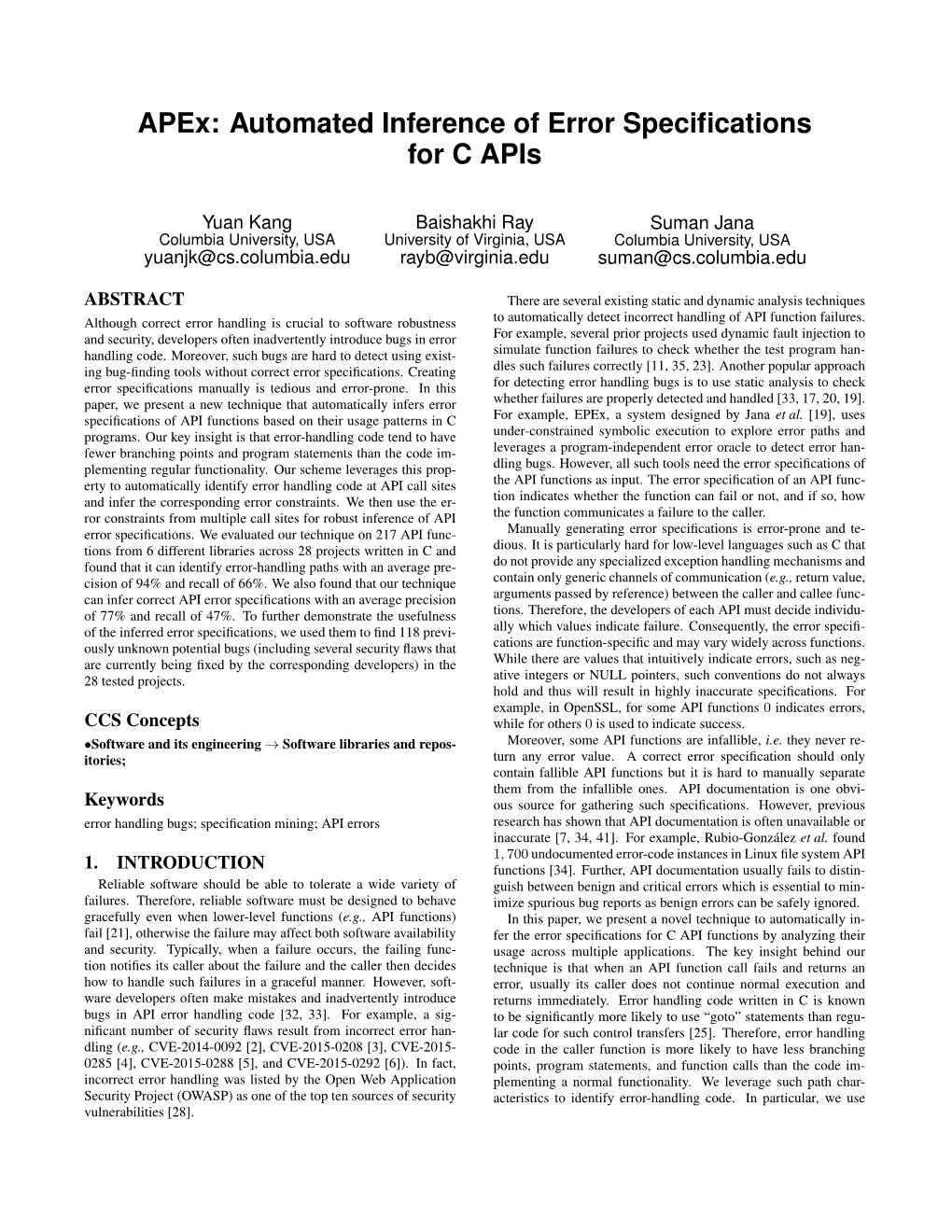 Apex: Automated Inference of Error Specifications for C Apis