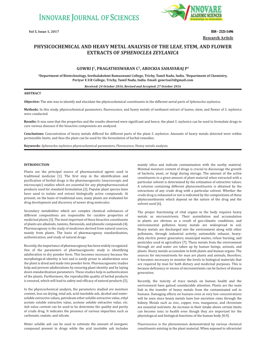 Physicochemical and Heavy Metal Analysis of the Leaf, Stem, and Flower Extracts of Sphenoclea Zeylanica