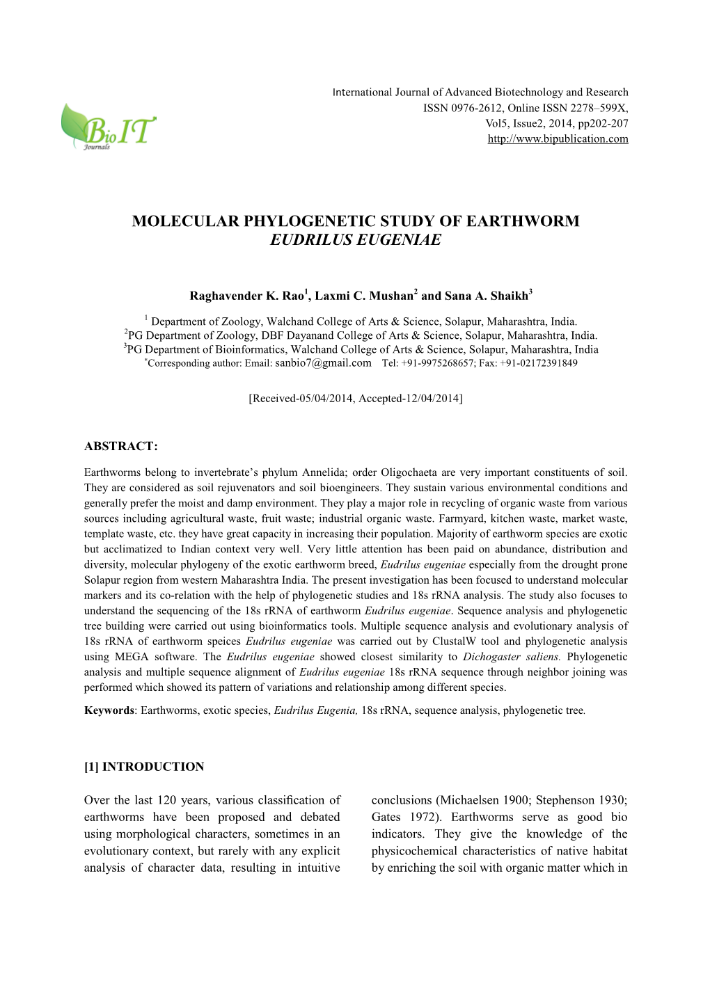 Molecular Phylogenetic Study of Earthworm Eudrilus Eugeniae