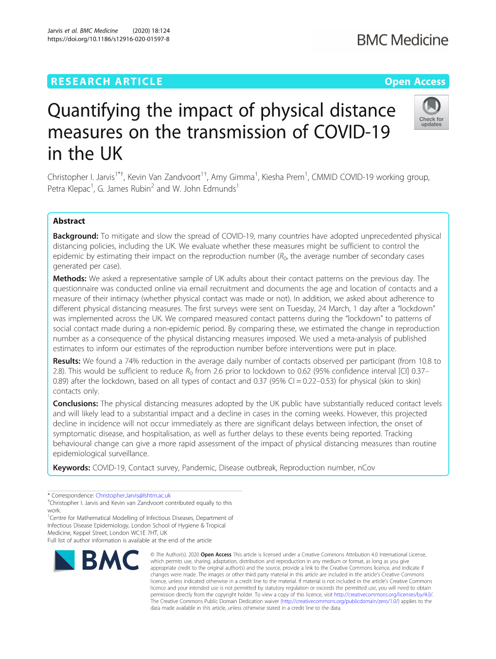 Quantifying the Impact of Physical Distance Measures on the Transmission of COVID-19 in the UK Christopher I