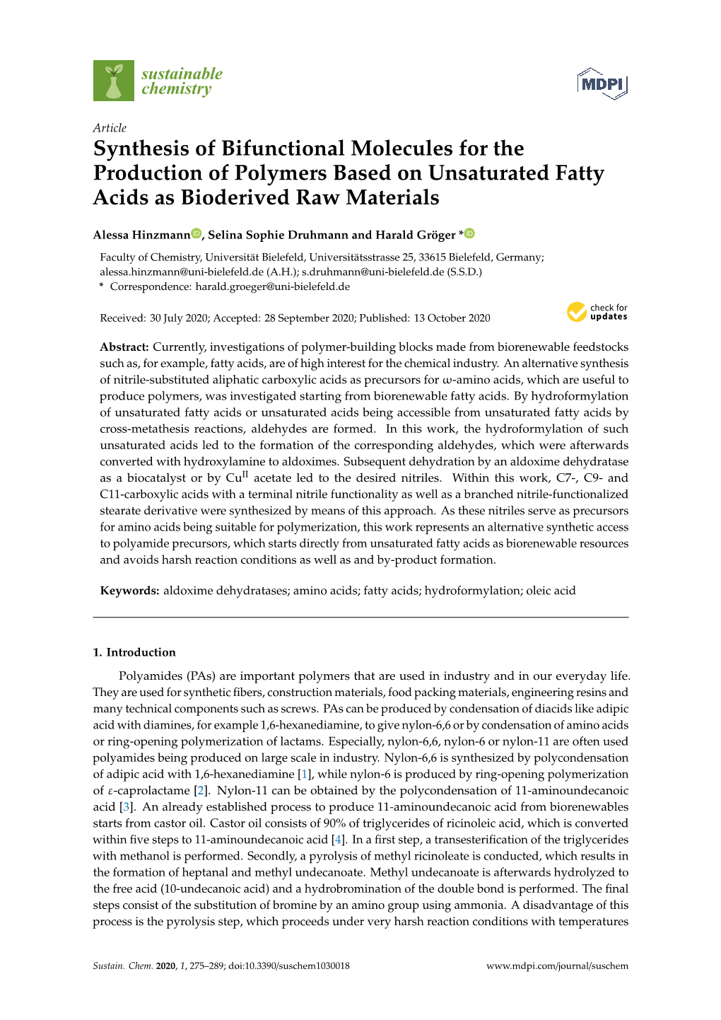 Synthesis of Bifunctional Molecules for the Production of Polymers Based on Unsaturated Fatty Acids As Bioderived Raw Materials