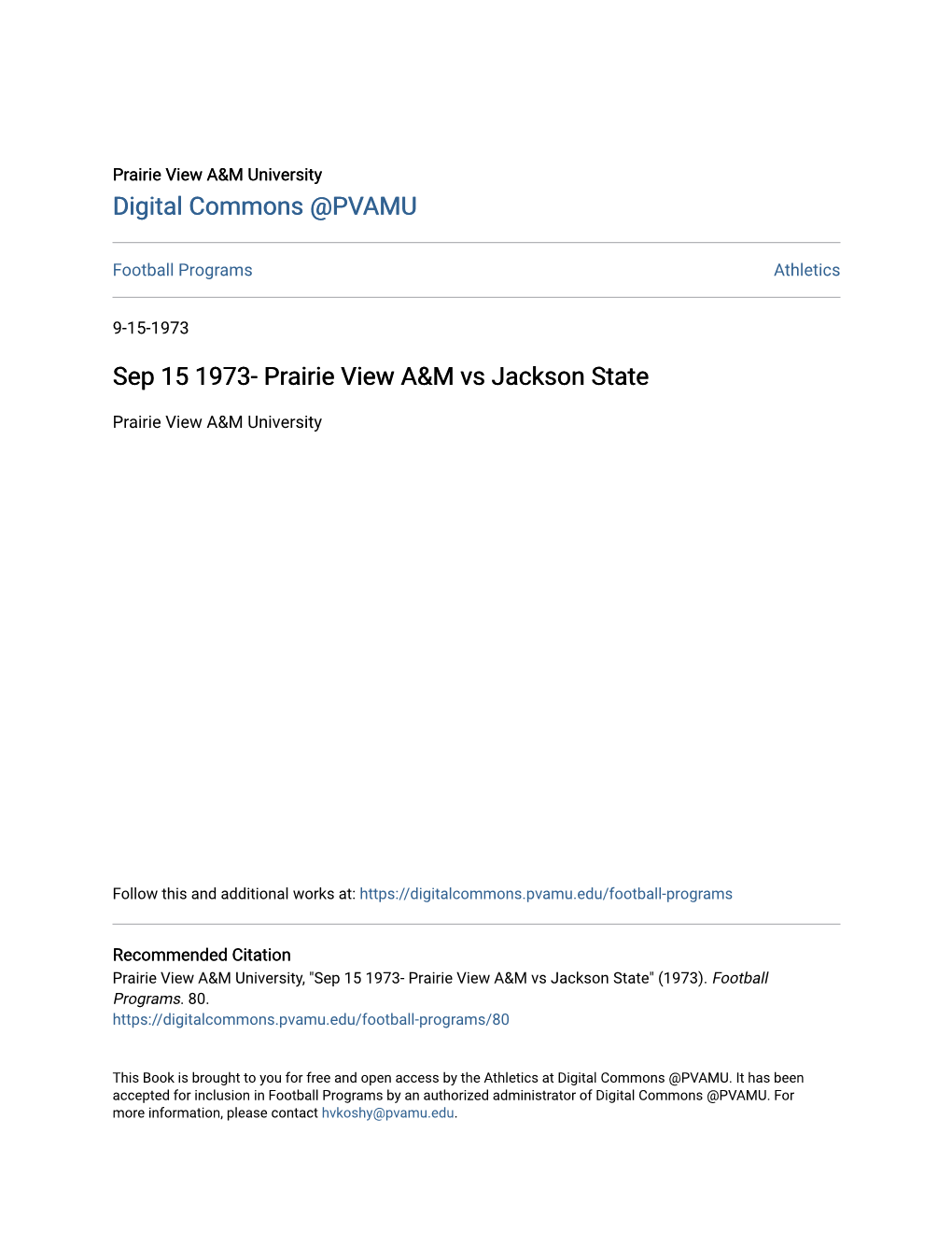 Sep 15 1973- Prairie View A&M Vs Jackson State