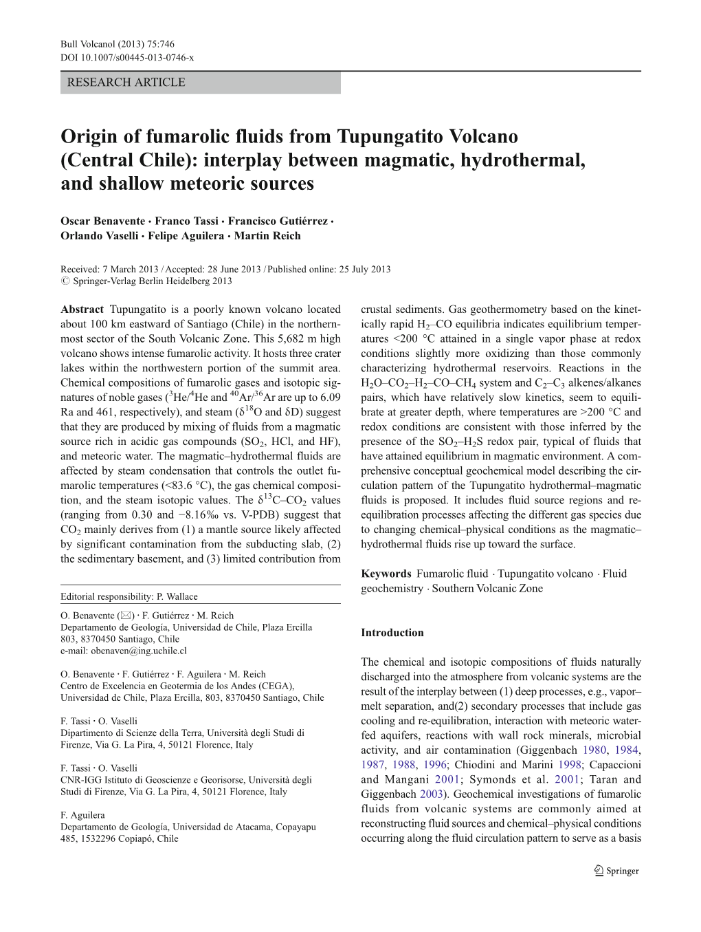 Origin of Fumarolic Fluids from Tupungatito Volcano (Central Chile): Interplay Between Magmatic, Hydrothermal, and Shallow Meteoric Sources