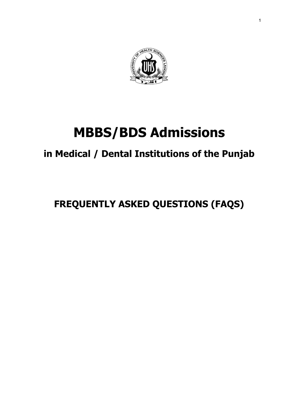 MBBS/BDS Admissions in Medical / Dental Institutions of the Punjab