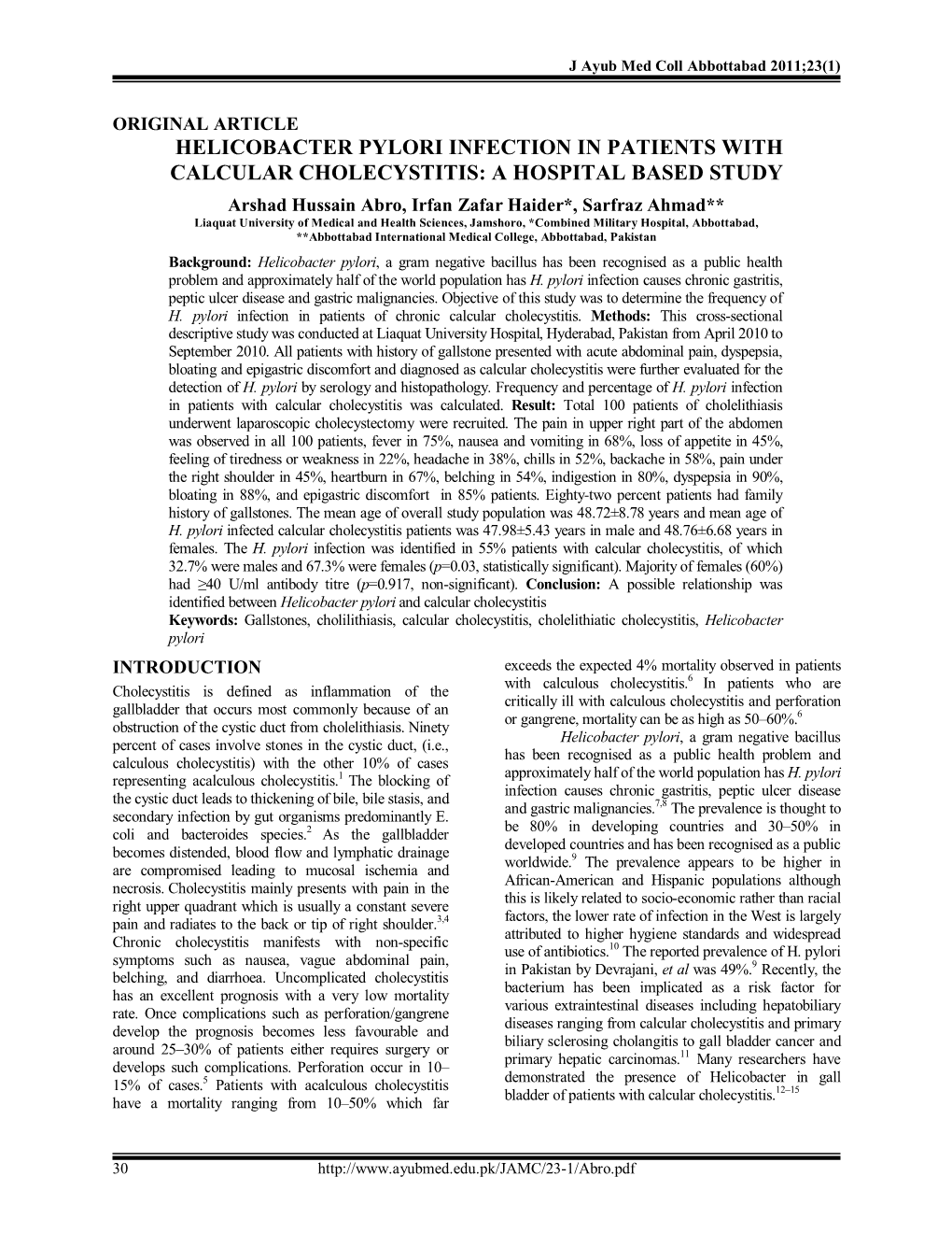 Helicobacter Pylori Infection in Patients with Calcular Cholecystitis