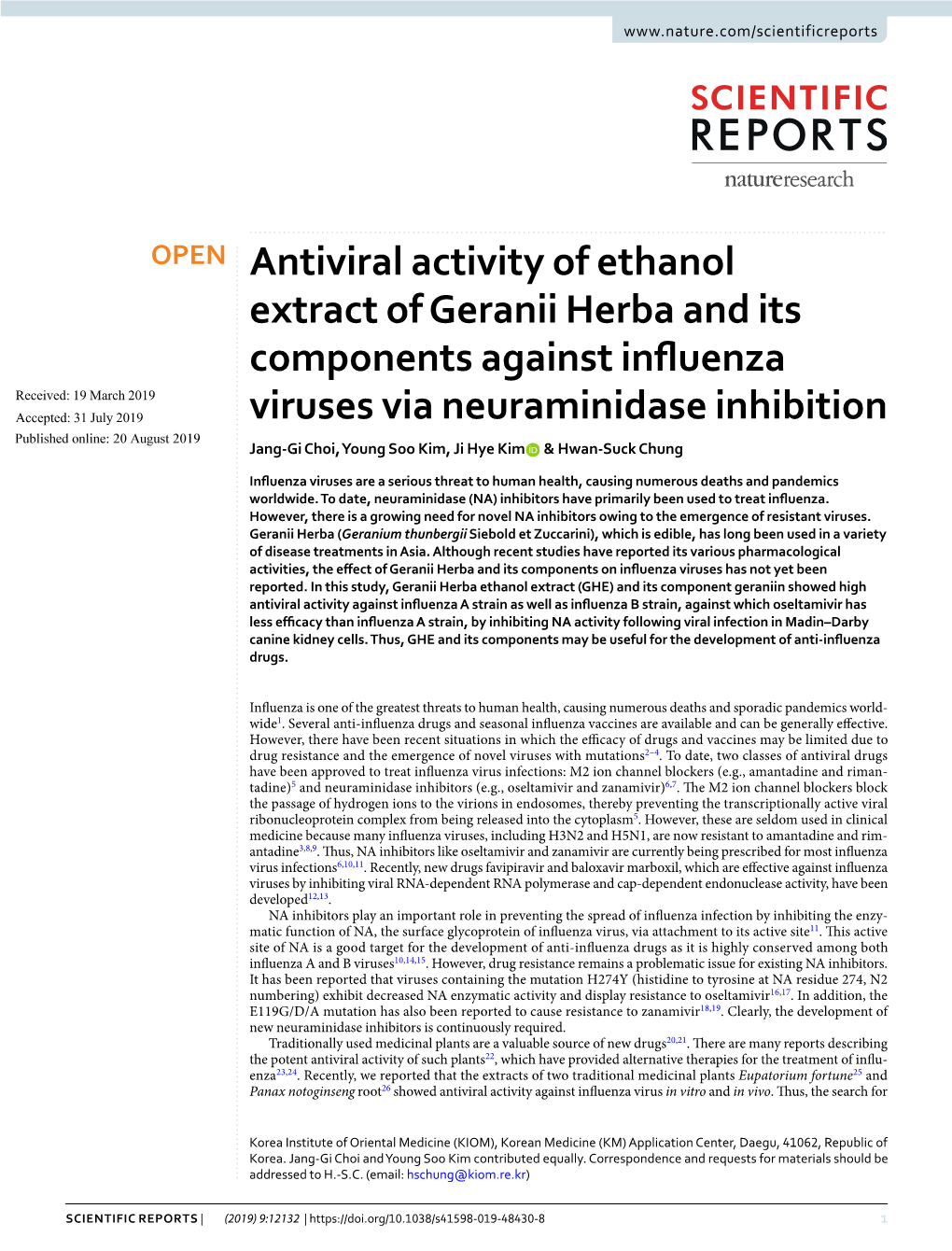 Antiviral Activity of Ethanol Extract of Geranii Herba and Its Components Against Influenza Viruses Via Neuraminidase Inhibition