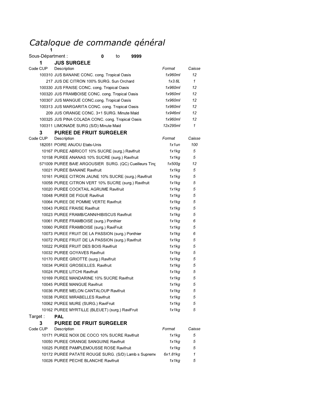 Catalogue De Commande Général 1 Sous-Départment : 0 to 9999 1 JUS SURGELE Code CUP Description Format Caisse 100310 JUS BANANE CONC