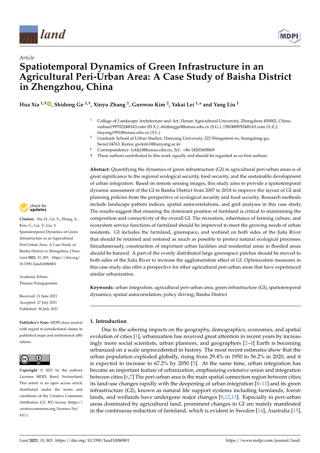 Spatiotemporal Dynamics of Green Infrastructure in an Agricultural Peri-Urban Area: a Case Study of Baisha District in Zhengzhou, China