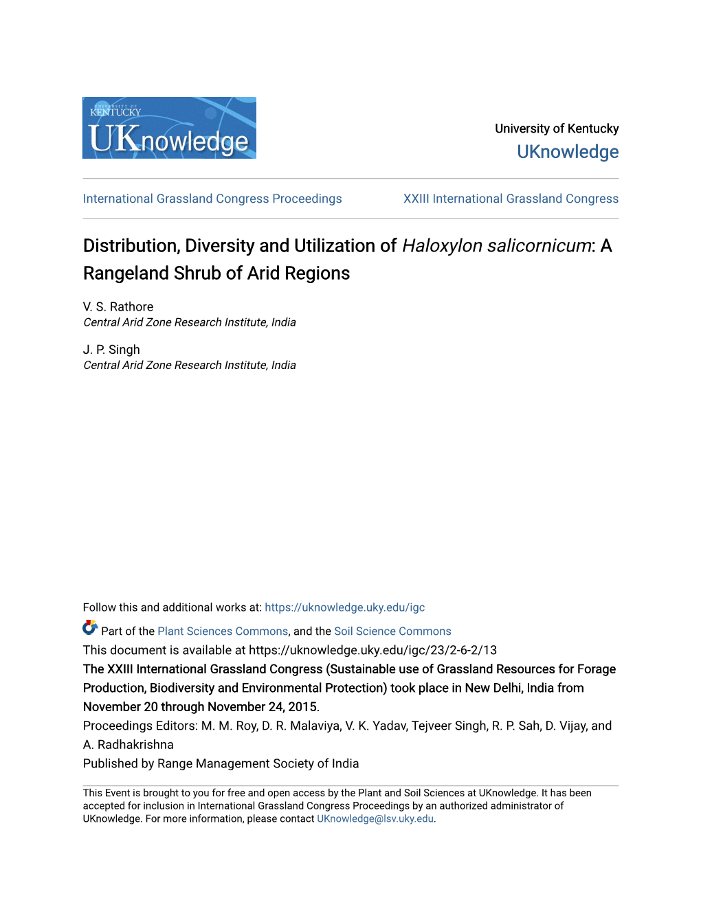 Distribution, Diversity and Utilization of &lt;Em&gt;Haloxylon Salicornicum&lt;/Em
