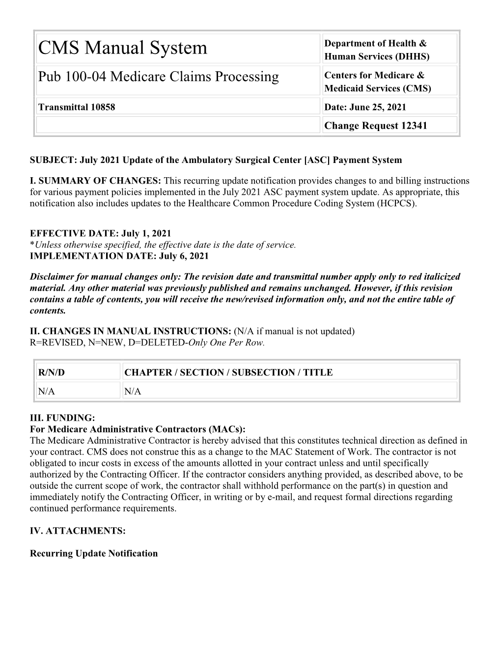 Pub 100-04 Medicare Claims Processing Centers for Medicare & Medicaid Services (CMS) Transmittal 10858 Date: June 25, 2021 Change Request 12341