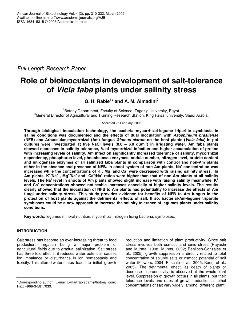 Role of Bioinoculants in Development of Salt-Tolerance of Vicia Faba Plants Under Salinity Stress