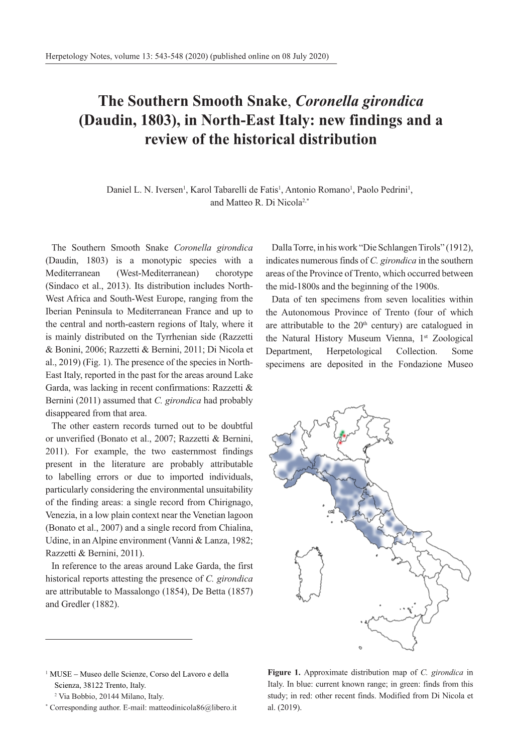 The Southern Smooth Snake, Coronella Girondica (Daudin, 1803), in North-East Italy: New Findings and a Review of the Historical Distribution