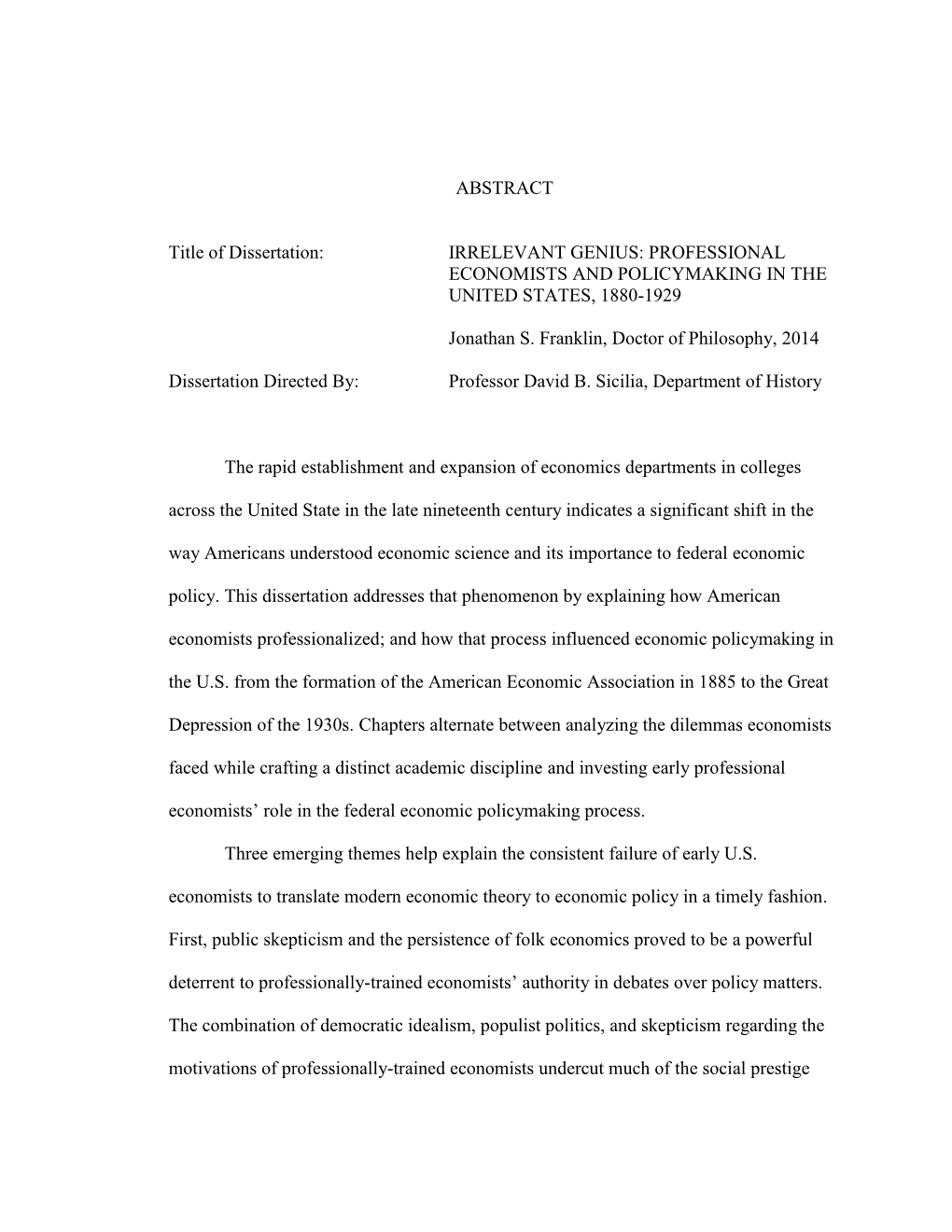 Professional Economists and Policymaking in the United States, 1880-1929