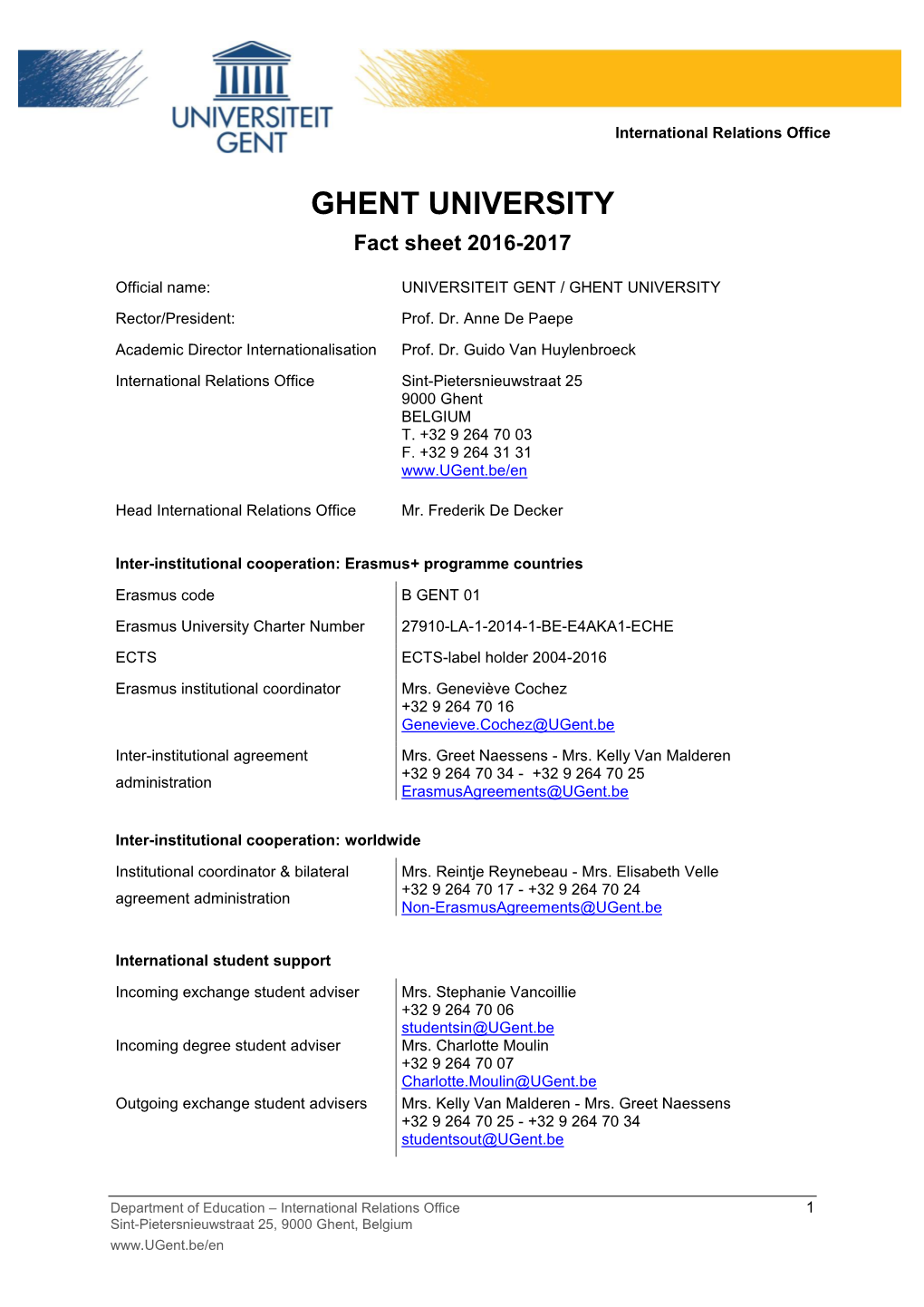 GHENT UNIVERSITY Fact Sheet 2016-2017