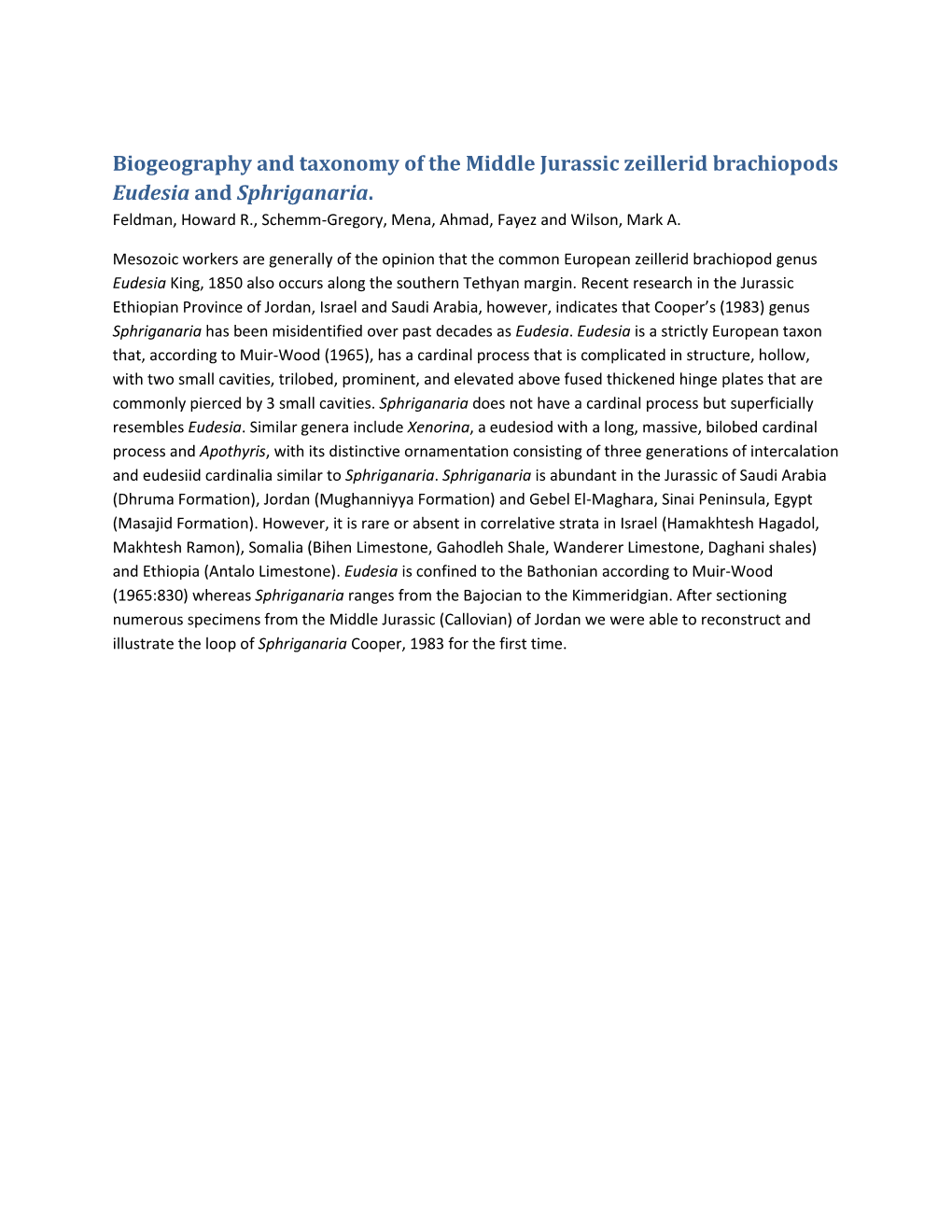 Biogeography and Taxonomy of the Middle Jurassic Zeillerid Brachiopods Eudesia and Sphriganaria