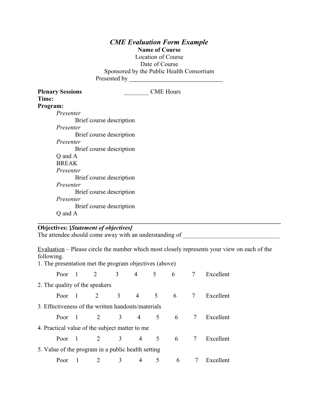 CME Evaluation Form Example