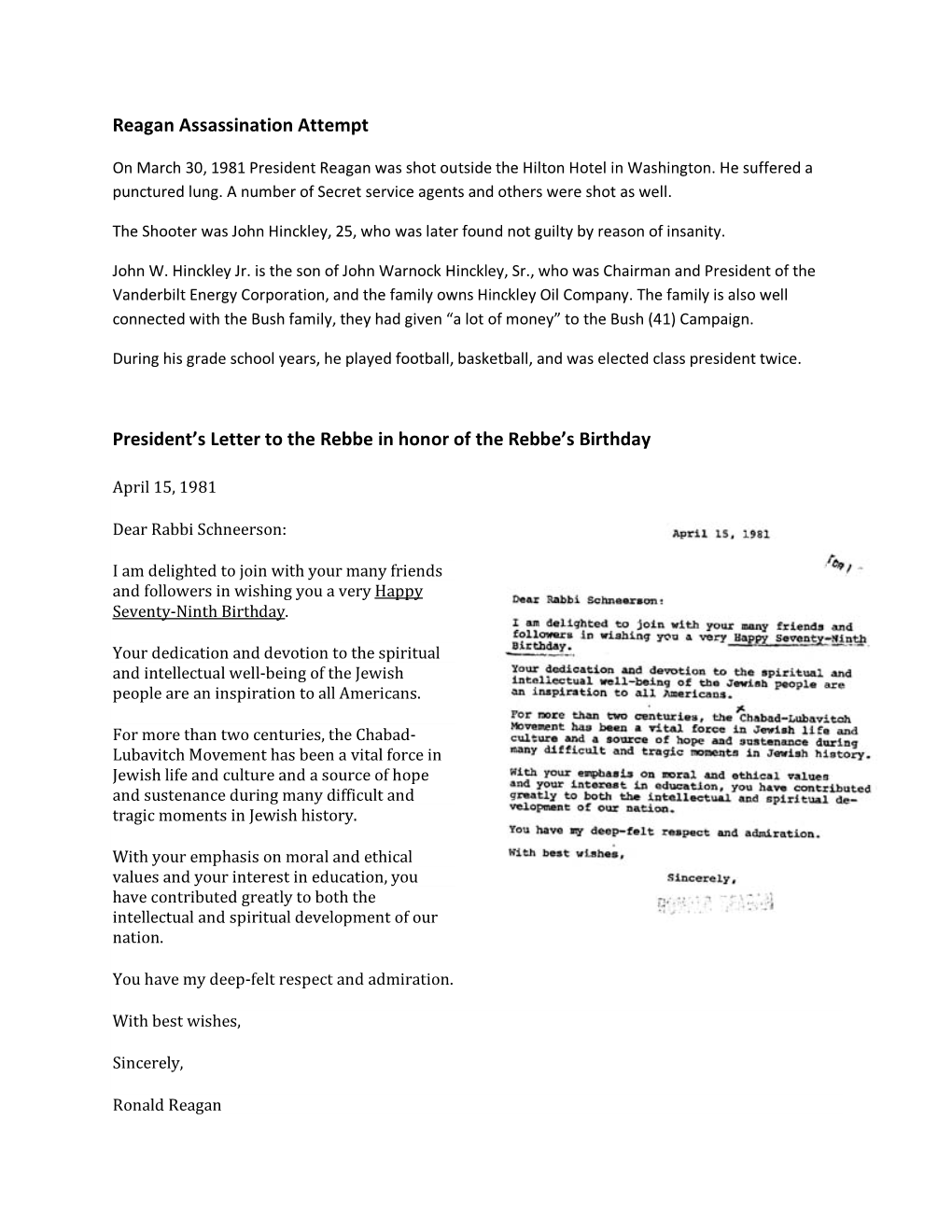 Reagan Assassination Attempt President's Letter to the Rebbe in Honor of the Rebbe's Birthday