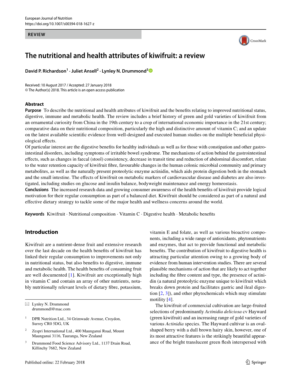 The Nutritional and Health Attributes of Kiwifruit: a Review