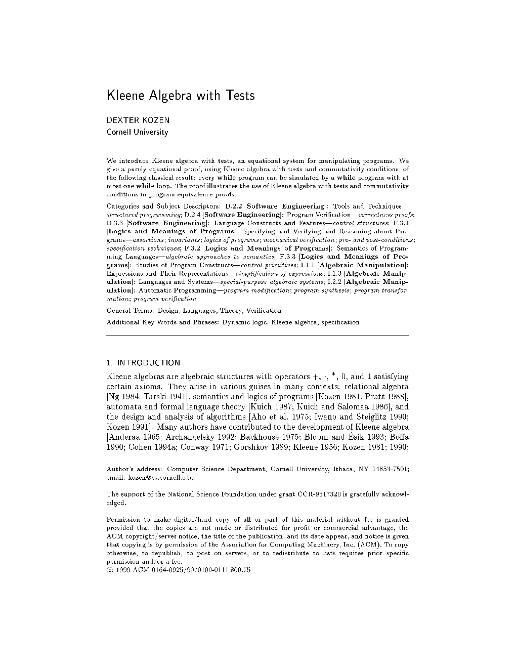 Kleene Algebra with Tests