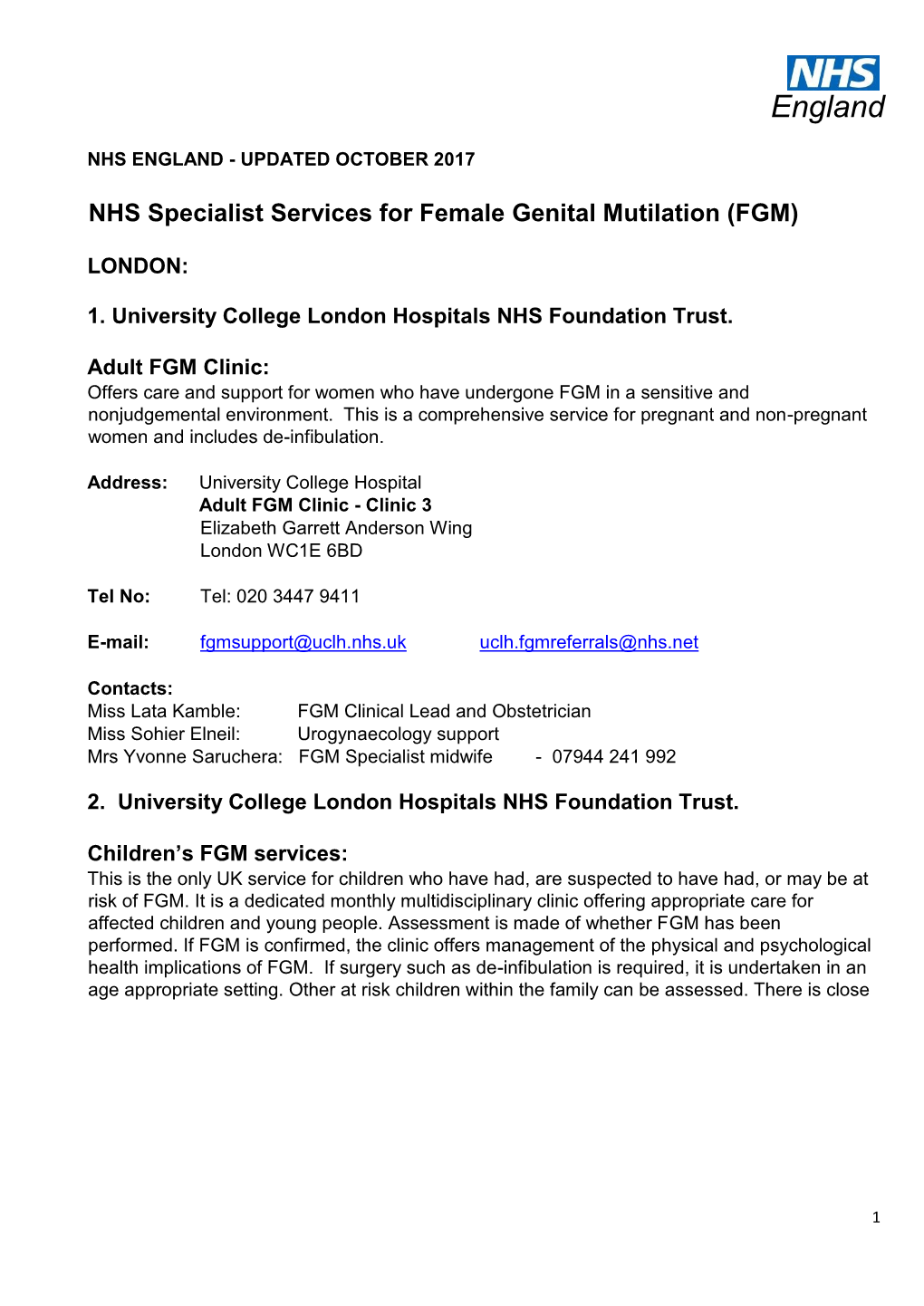 NHS Specialist Services for Female Genital Mutilation (FGM)