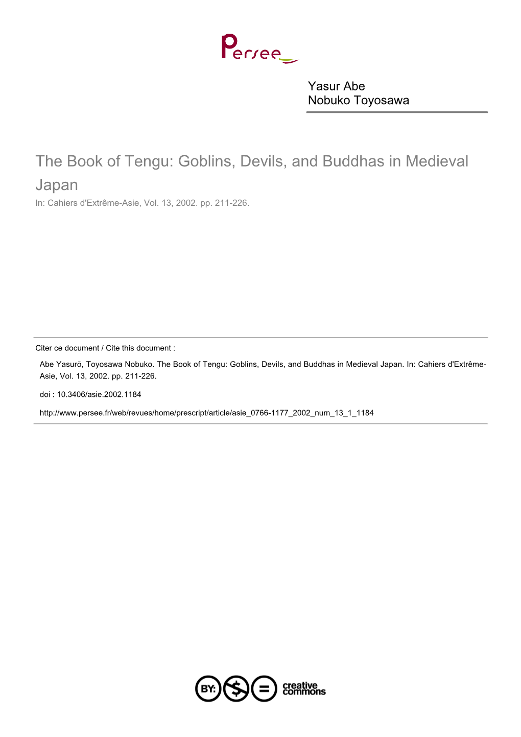 The Book of Tengu: Goblins, Devils, and Buddhas in Medieval Japan In: Cahiers D'extrême-Asie, Vol