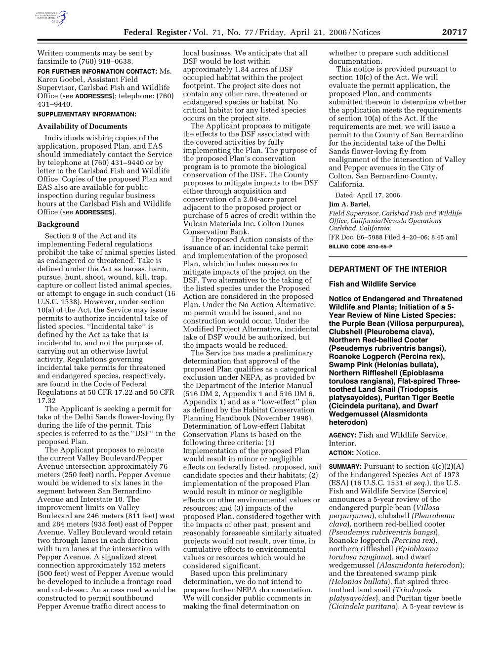 Federal Register/Vol. 71, No. 77/Friday, April 21, 2006/Notices