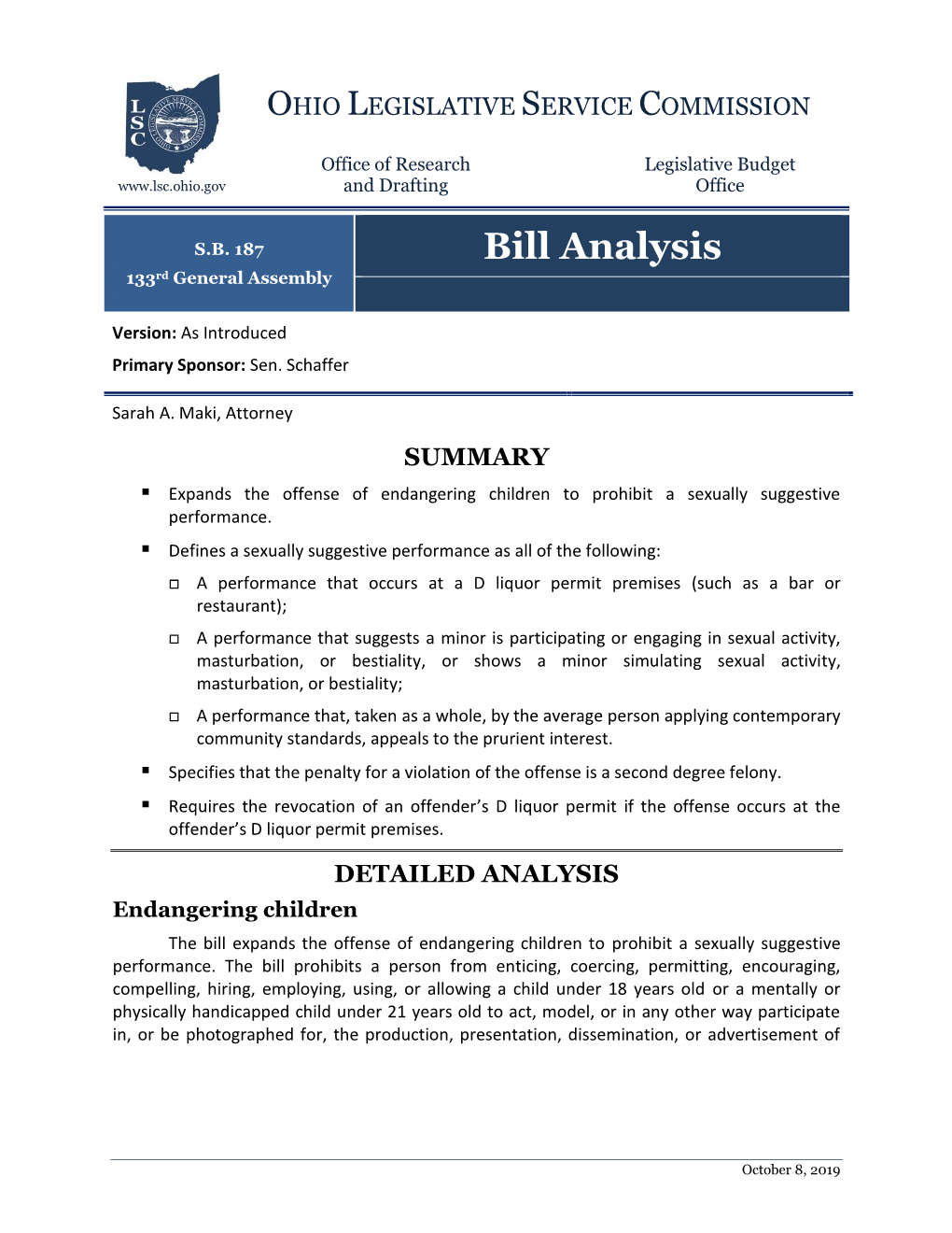 Bill Analysis 133Rd General Assembly Click Here for S.B