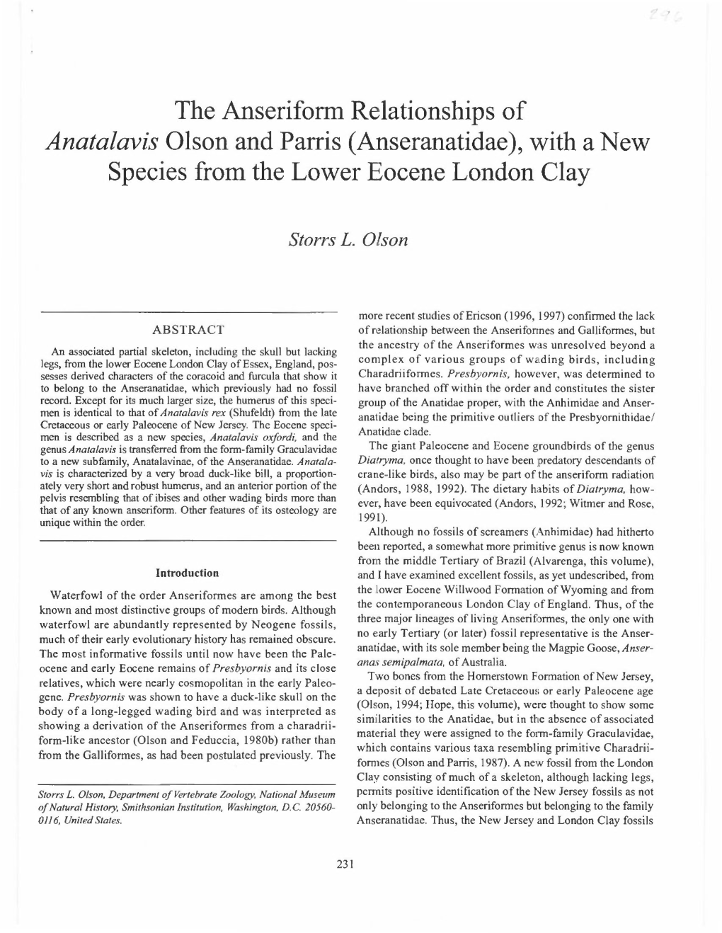 The Anseriform Relationships of Anatalavis Olson and Parris (Anseranatidae), with a New Species from the Lower Eocene London Clay