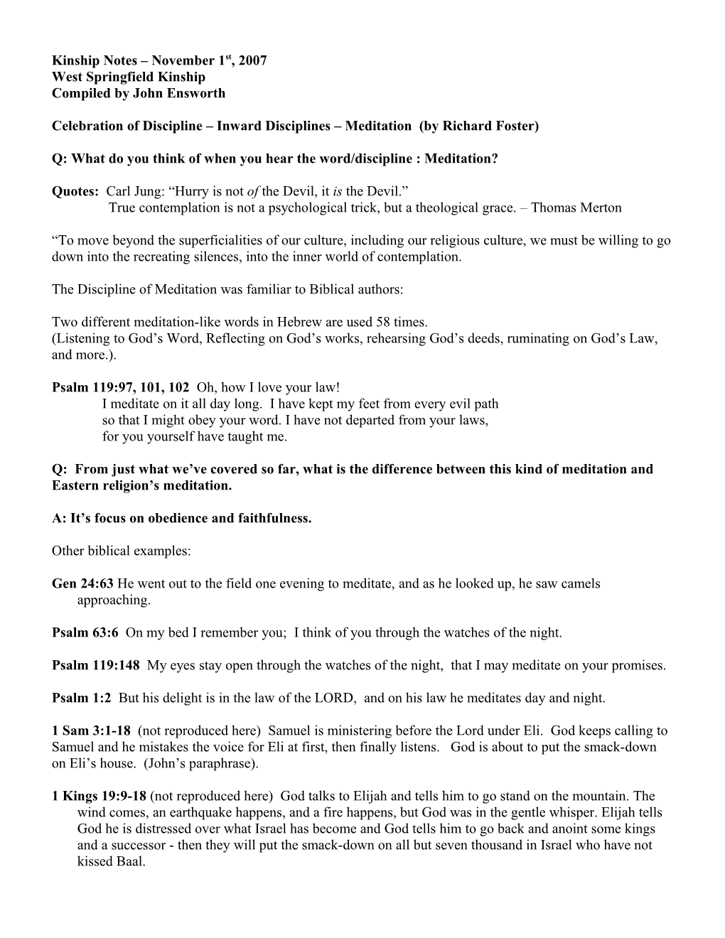 Celebration of Discipline Inward Disciplines Meditation (By Richard Foster)