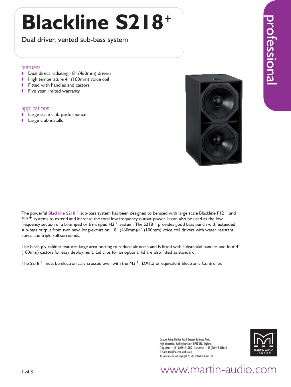 Blackline S218+ Professional Dual Driver, Vented Sub-Bass System