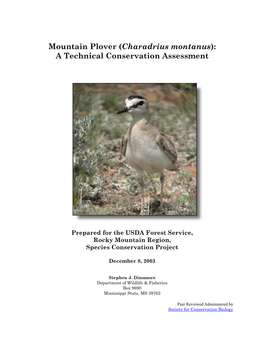 Charadrius Montanus): a Technical Conservation Assessment