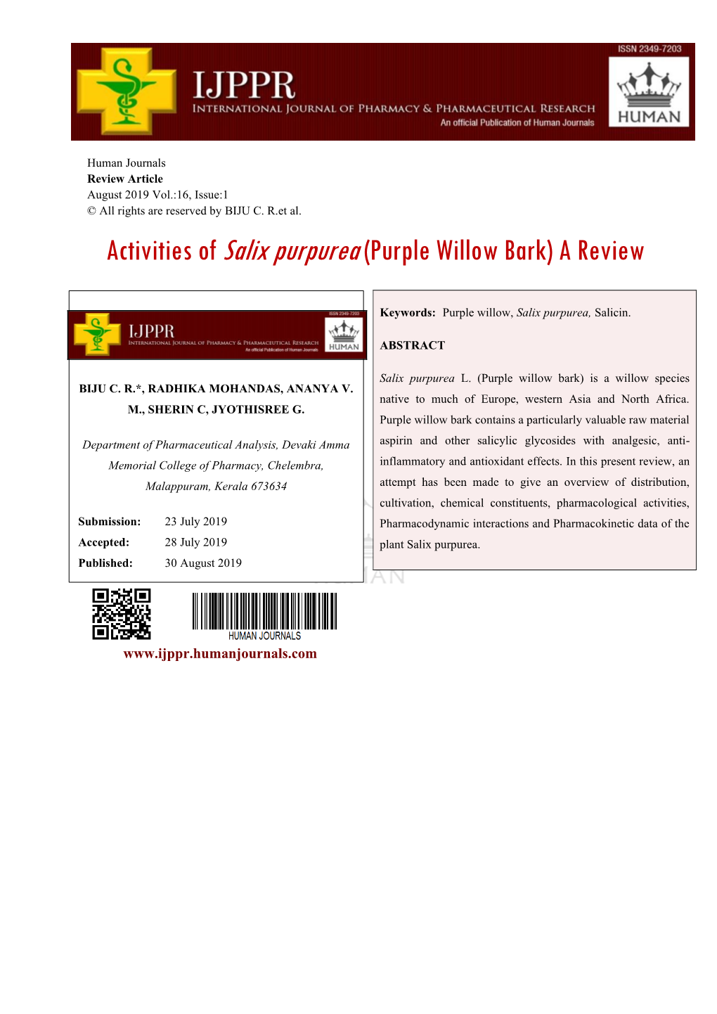 Activities of Salix Purpurea (Purple Willow Bark) a Review