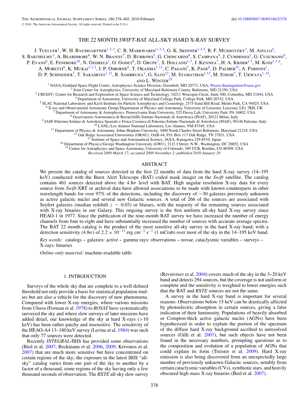 The 22 Month Swift-Bat All-Sky Hard X-Ray Survey