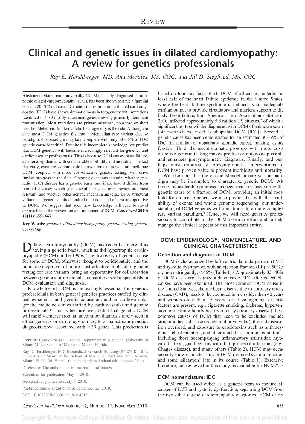 Clinical and Genetic Issues in Dilated Cardiomyopathy: a Review for Genetics Professionals Ray E