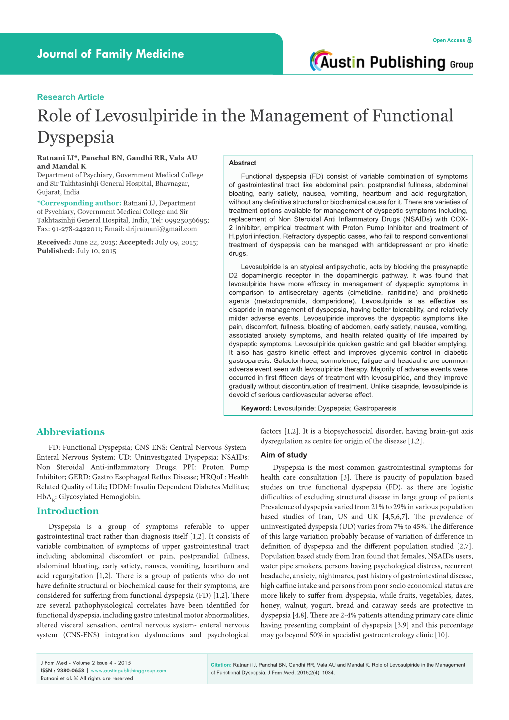 Role of Levosulpiride in the Management of Functional Dyspepsia