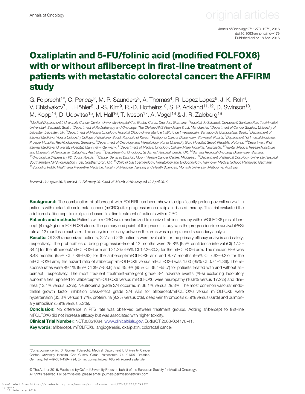 Oxaliplatin and 5-FU/Folinic Acid (Modified FOLFOX6) with Or Without Aflibercept in First-Line Treatment of Patients with Metast