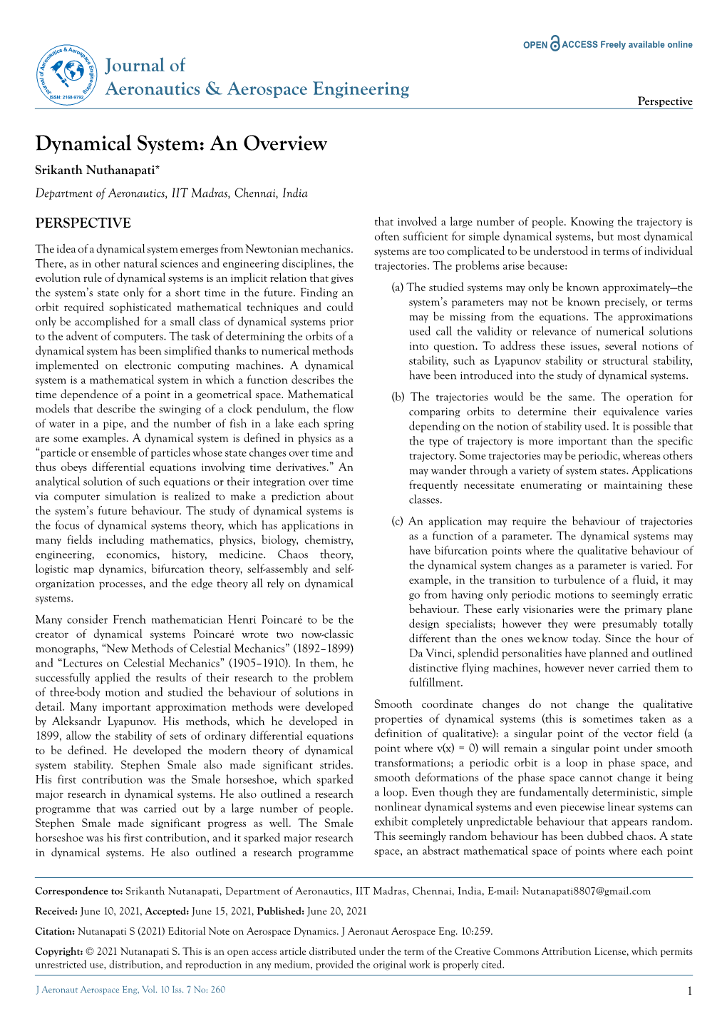 Dynamical System: an Overview Srikanth Nuthanapati* Department of Aeronautics, IIT Madras, Chennai, India