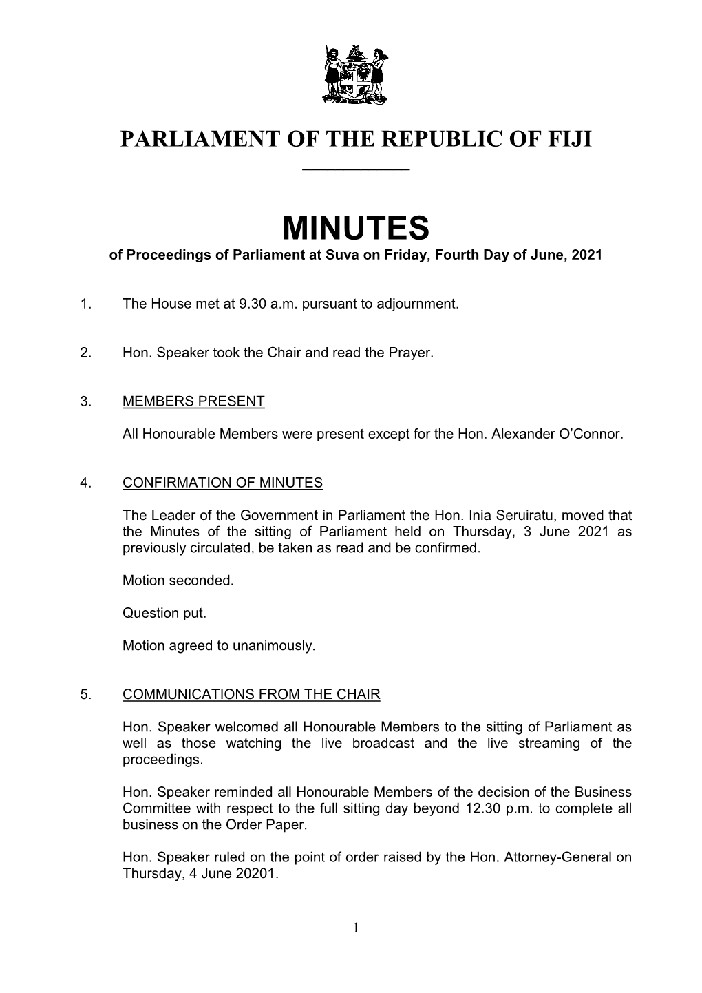 MINUTES of Proceedings of Parliament at Suva on Friday, Fourth Day of June, 2021