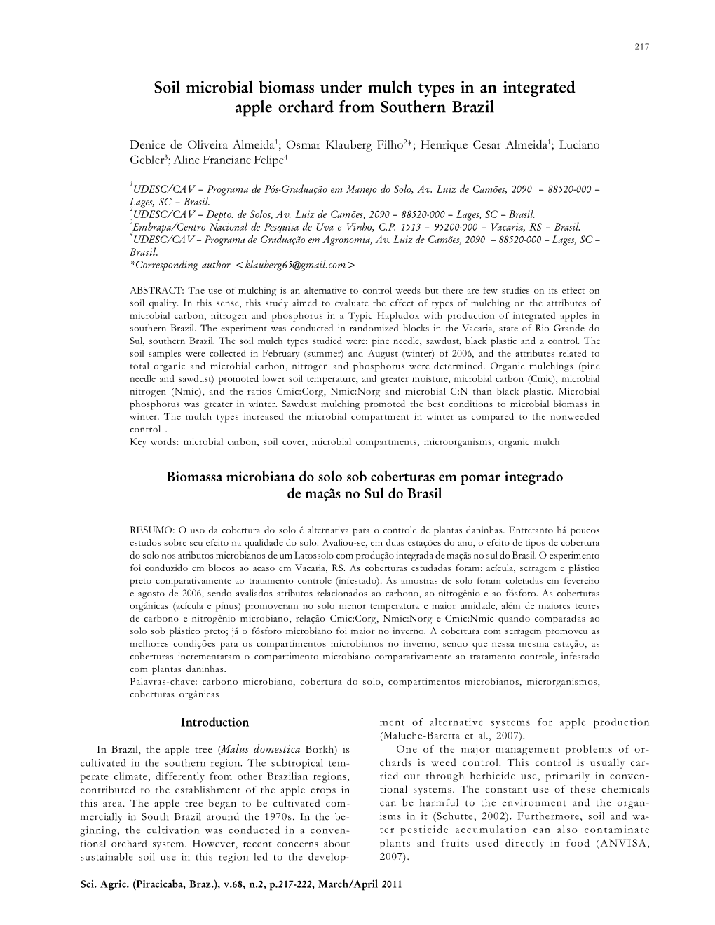 Soil Microbial Biomass Under Mulch Types in an Integrated Apple Orchard from Southern Brazil