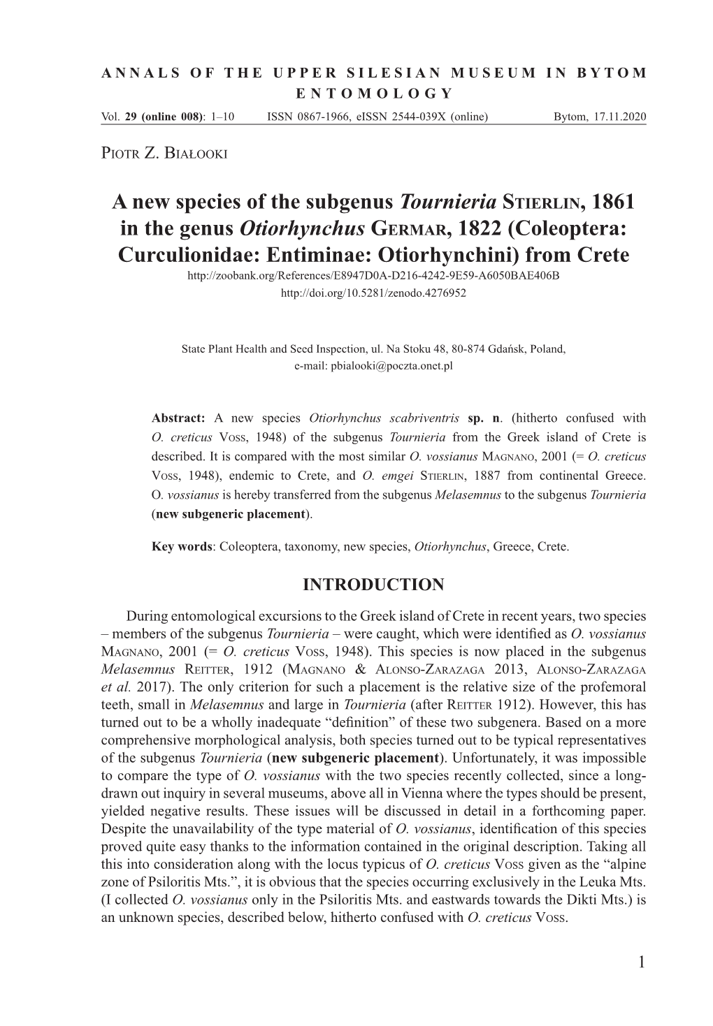 A New Species of the Subgenus Tournieria Stierlin, 1861 in The