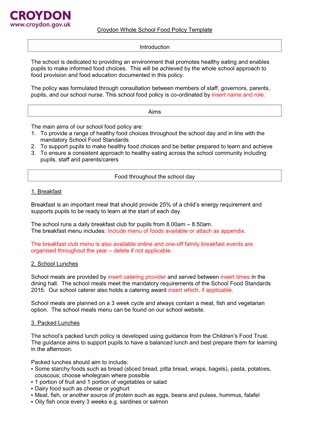 Template Whole School Food Policy