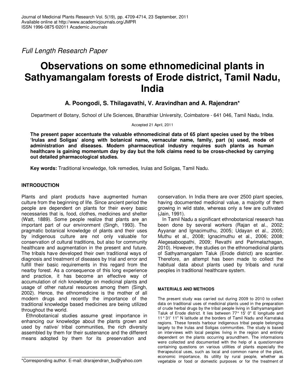 Observations on Some Ethnomedicinal Plants in Sathyamangalam Forests of Erode District, Tamil Nadu, India