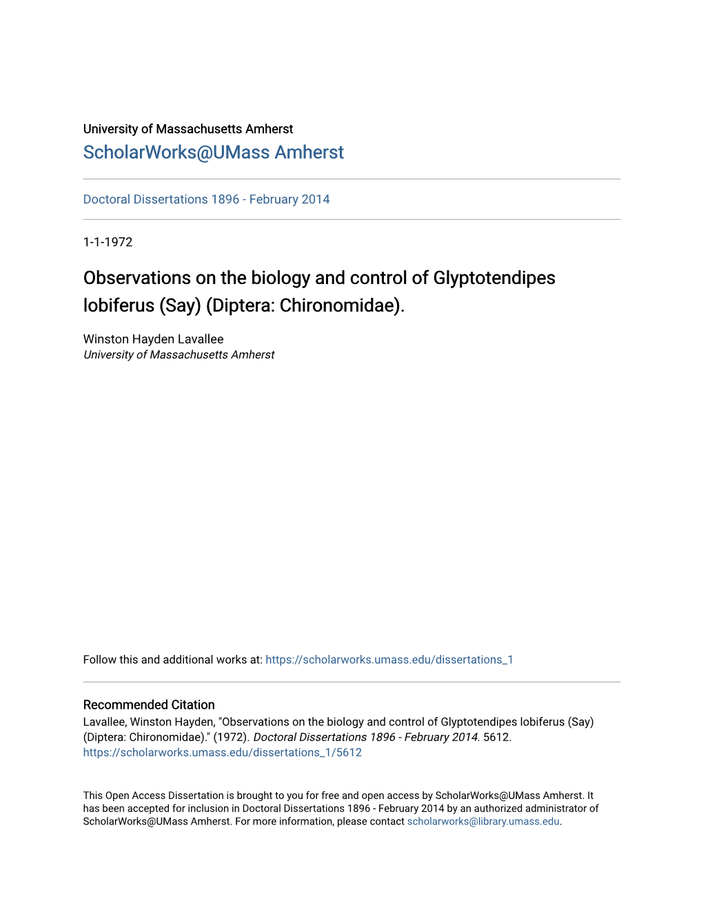 Observations on the Biology and Control of Glyptotendipes Lobiferus (Say) (Diptera: Chironomidae)
