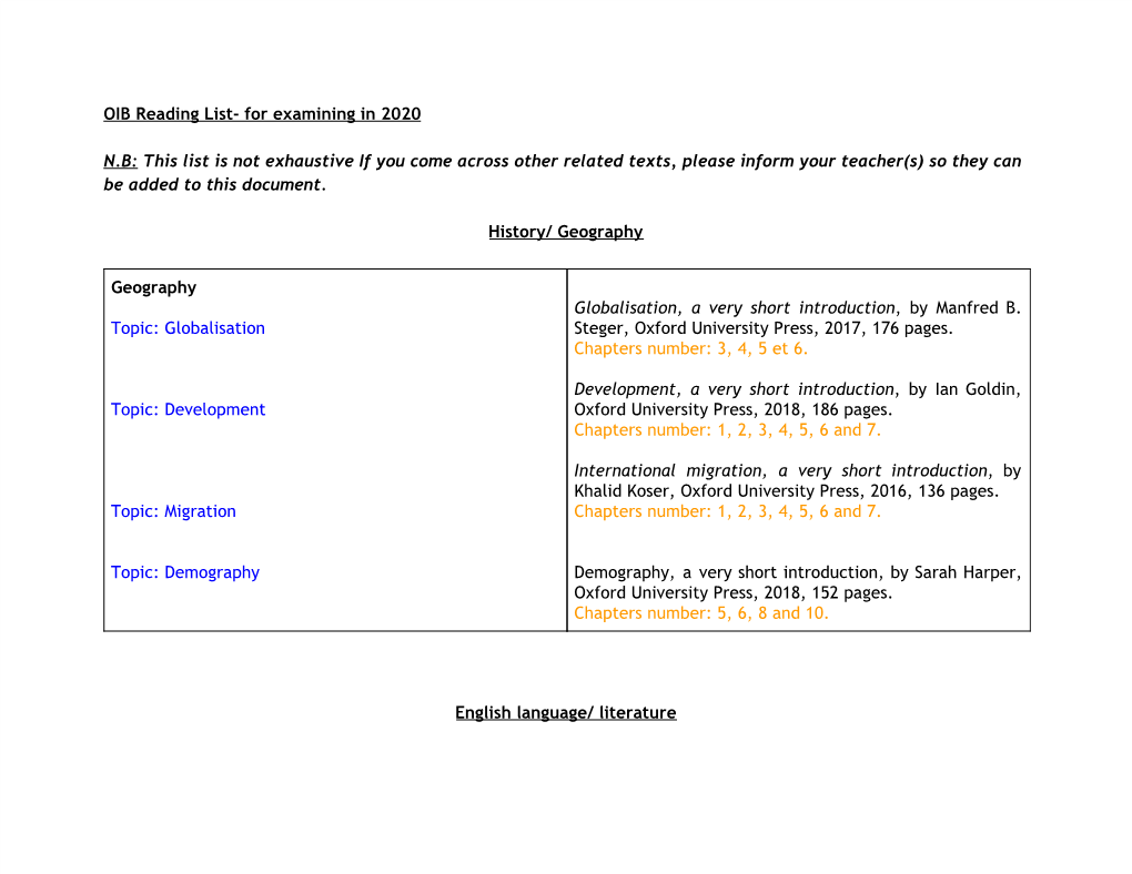 OIB Reading List- for Examining in 2020 N.B:​ This List Is Not Exhaustive If You Come Across Other Related Texts, Please