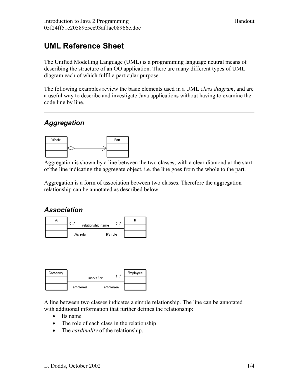 Introduction to Java 2 Programming Handout #2 UML Reference