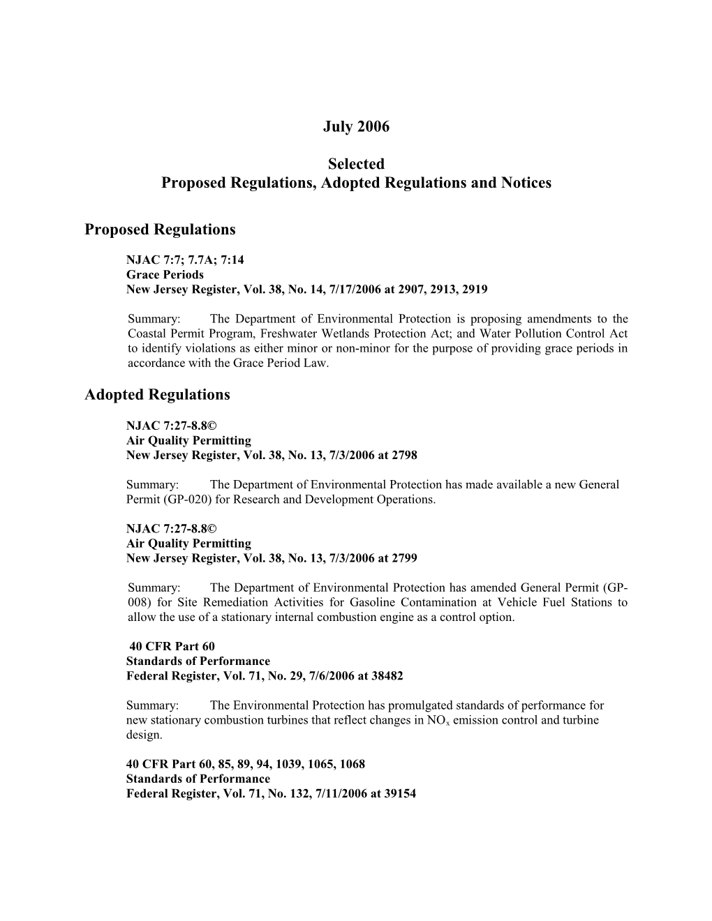 Proposed Regulations, Adopted Regulations and Notices