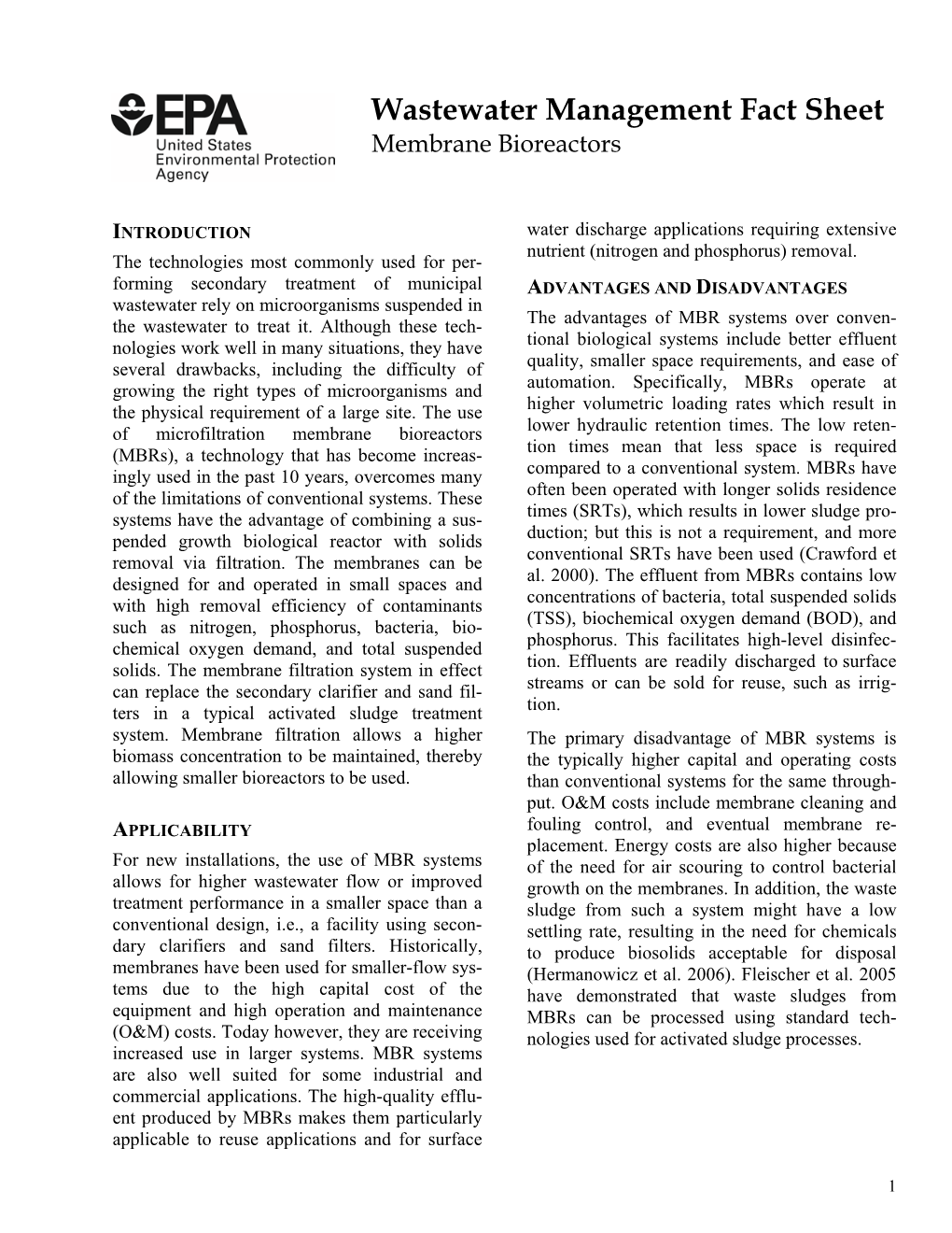 Membrane Bioreactors Factsheet