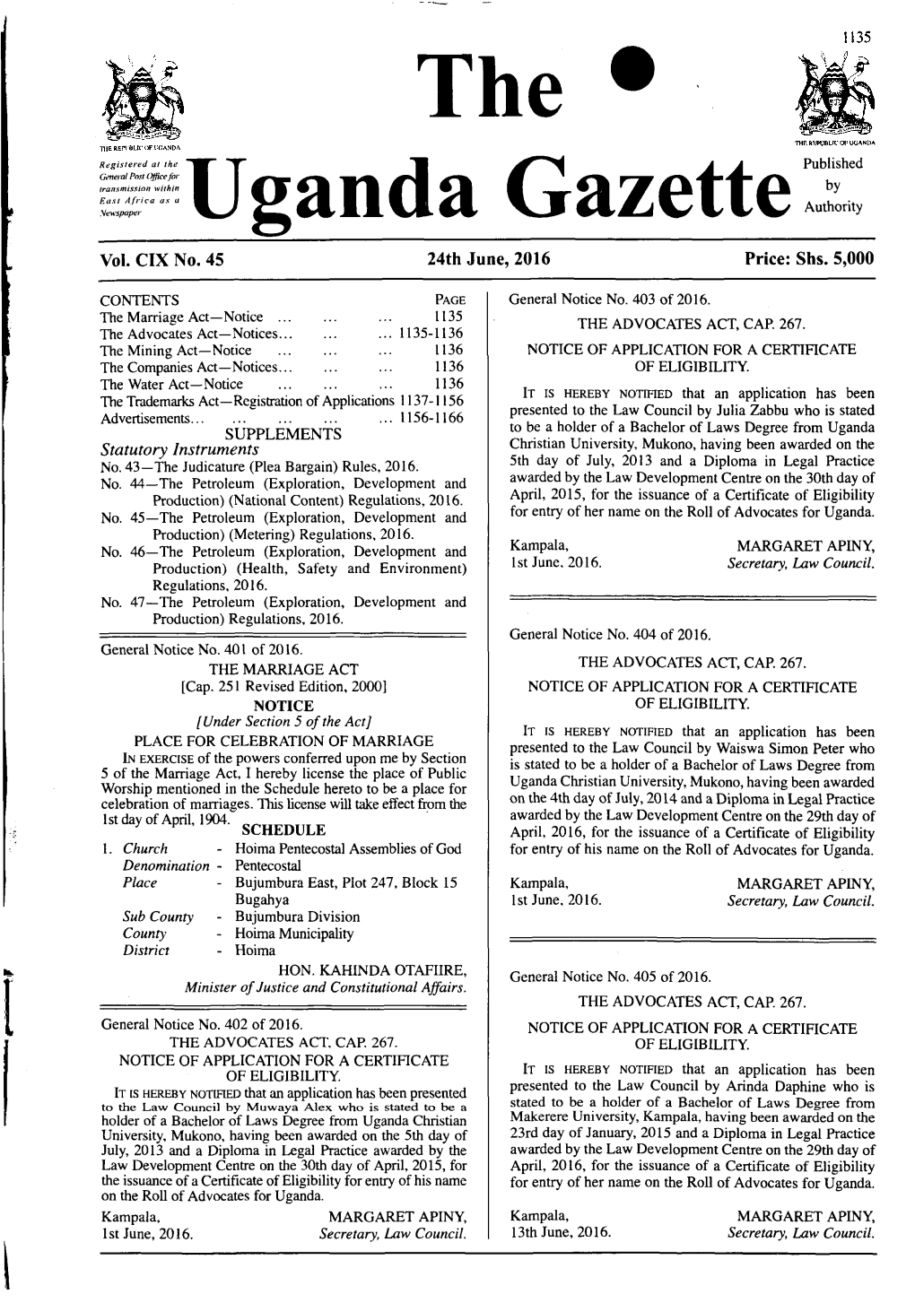 The • Uganda Gazettepublished